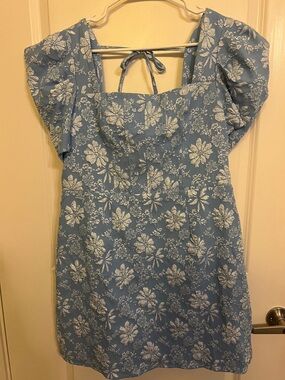 Blue Floral Puff-Sleeve Dress